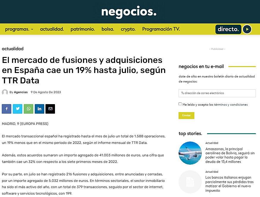 El mercado de fusiones y adquisiciones en Espaa cae un 19% hasta julio, segn TTR Data